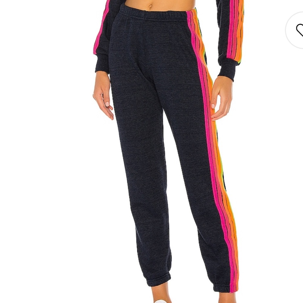 AVIATOR NATION 5 Stripe Sweatpants in Heather Navy Neon